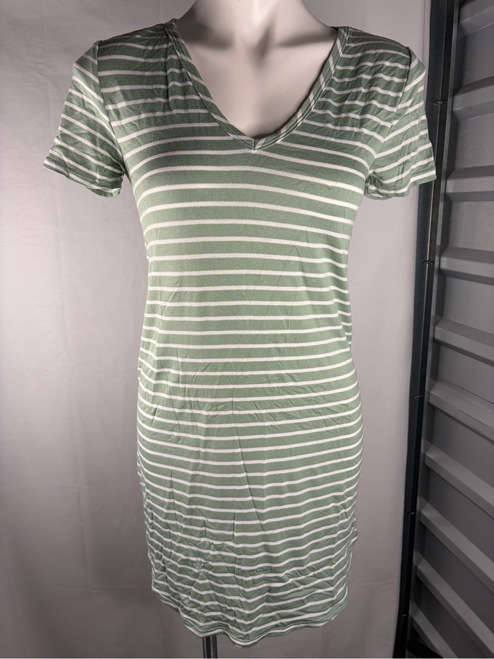 Olivia Rae Sage Green and White Striped V-Neck Tee Dress